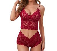 ROSVAJFY Conjunto de brasier y bragas de encaje sexy para mujer, lencería transparente de malla festoneada, bralette floral, ropa interior de cintura alta, sin espalda, babydoll transparente, correa