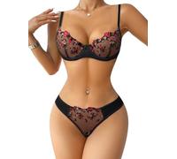 ROSVAJFY Conjunto de Lenceria Sexy Bordado Floral Mujer Encaje Ropa Interior 2 Piezas Sujetador con Aros + Tanga Babydoll Lencería Push Up para Luna de Miel San Valentín S-XL (Negro, M)