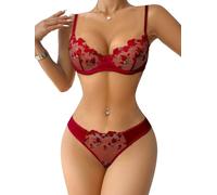 ROSVAJFY Conjunto de Lenceria Sexy Bordado Floral Mujer Encaje Ropa Interior 2 Piezas Sujetador con Aros + Tanga Babydoll Lencería Push Up para Luna de Miel San Valentín S-XL (Borgoña, S)