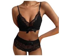 ROSVAJFY Conjunto de lencería sexy de encaje para mujer, conjunto de 2 piezas de brasier y bragas con lazo, conjunto de ropa interior traviesa de cintura alta, conjunto de bralette para San Valentín