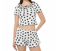 ROSVAJFY Conjunto de pijama con volantes y estampado de corazón para mujer, ropa de dormir para mujer, ropa de dormir cómoda, ropa de dormir de 2 piezas, camiseta de manga corta + pantalones cortos