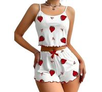 ROSVAJFY Conjunto de pijama corto con estampado de frutas para mujer, 2 piezas, lindo conjunto de ropa de dormir sin mangas, conjunto de pijama casual de manga corta, ropa de descanso, ropa para el