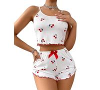 ROSVAJFY Conjunto de pijama de 2 piezas con estampado de fresas para mujer, camisola y pantalones cortos, ropa de dormir con volantes, conjunto de pijama sexy cómodo y suave de tela acanalada, sin