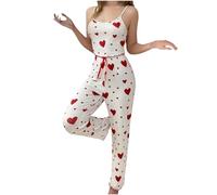 ROSVAJFY Conjunto de pijama de dos piezas con estampado de corazón para mujer, camiseta con tirantes delgados y pantalones largos, cómodo y suave, pijama de verano para el hogar, Blanco (corazón rojo