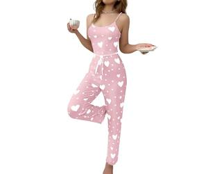 ROSVAJFY Conjunto de pijama de dos piezas con lindos corazones estampados para mujer, camiseta con tirantes de espagueti y pantalones largos, cómodo y suave conjunto de pijama para casa y dormir, L