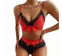 ROSVAJFY Conjunto Lencería de Encaje para Mujer 2 Piezas Ropa Interior Sexy Sujetador con Tirantes + Bragas de Cintura Alta Lazo Ropa Dormir Elástica Picardias Atractiva S-L (Rojo, S)