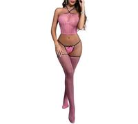 ROSVAJFY Conjunto Lencería Rejilla Mujer Sexy 3 Piezas Body Babydoll con Medias, Encaje Elástico Malla Transparente Halter Top Corto y Tanga Ropa Interior Noche Dormir Lingerie Picardias Fiesta (Rosa)