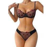 ROSVAJFY Conjunto Lencería Sexy Aros Bordado Floral Malla Mujer Sujetador y Braguita Encaje Push Up Ropa Dormir Picardías Ropa Interior Elegante 2 Piezas Bikini Transparente con Tanga (Negro, S)