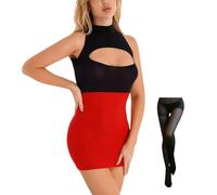 ROSVAJFY Costume de Secretaria Cosplay para Mujer con Medias, Disfraz Sexy de Maestra Oficina Juego de rol Lencería, Halloween Picardias Vestido Hueco Ropa Dormir Atractiva (Nero+Rosso)