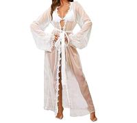 ROSVAJFY Lencería camisa noche kimono transparente de malla, bata mujer sexy encaje vestido, cárdigan traje de baño bikini cubre traje largo playa Chemise Babydoll Albornoz vestido novia, Color