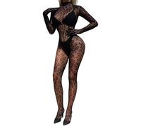 ROSVAJFY Lencería Mujer Bodystocking Sexy Leopardo Body Una Pieza Transparente con Manga Larga Malla Elástico para Ropa Interior Dormir Catsuit Mono Teddy Babydoll con Medias Negro XS-XL