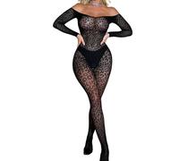 ROSVAJFY Lencería Mujer Bodystocking Sexy Leopardo Body Una Pieza Transparente con Manga Larga Malla Elástico para Ropa Interior Dormir Catsuit Mono Teddy Babydoll con Medias Negro XS-XL (Negro3)