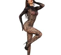 ROSVAJFY Lencería Mujer Bodystocking Sexy Leopardo Body Una Pieza Transparente con Manga Larga Malla Elástico para Ropa Interior Dormir Catsuit Mono Teddy Babydoll con Medias Negro XS-XL (Negro4)