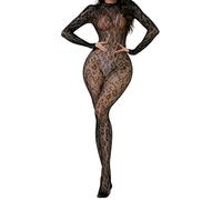 ROSVAJFY Lencería Mujer Bodystocking Sexy Leopardo Body Una Pieza Transparente con Manga Larga Malla Elástico para Ropa Interior Dormir Catsuit Mono Teddy Babydoll con Medias Negro XS-XL (Negro2)