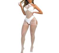 ROSVAJFY Lencería Mujer Sexy Bodystocking Catsuit Transparente Babydoll Mono de Una Pieza con Medias Body Halter Cruzado Rejilla Malla Elástica Tipo Teddy Ropa Interior Negro/Blanco/Rojo (Blanco)