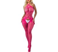 ROSVAJFY Lencería Mujer Sexy Bodystocking Catsuit Transparente Babydoll Mono de Una Pieza con Medias Body Halter Cruzado Rejilla Malla Elástica Tipo Teddy Ropa Interior Negro/Blanco/Rojo (Rosa)