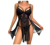 ROSVAJFY Lencería Sexy Encaje Mujer Babydoll Tirantes Escote V Vestido Mini Malla Transparente Abertura Lateral Camisón Camisero sin Mangas Ropa Dormir Lazo y Tanga (Negro, Talla única)