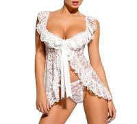 ROSVAJFY Lencería Sexy Mujer Babydoll Encaje Floral Picardias Lazo Camisón Transparente Sin Mangas Mini Vestido Escote En V Ropa Dormir Teddy Pijama con Tanga San Valentín (Blanco, Talla única)
