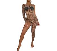 ROSVAJFY Leopardo Bodystocking Sexy Lencería para Mujer, Malla Body Elástico Mono Teddy Ropa Interior Babydoll Medias Catsuit Transparente Una Manga Una Pierna XS-XL