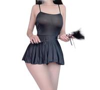 ROSVAJFY Mini Camisón para Mujer Sexy Transparente Camisón Espalda Descubierta Coqueto con Braguitas Tirantes Ajustables Camisón Coqueto Lencería Corta Hot Conjunto Pijama Negro/Blanco/Rojo, Negro