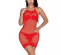 ROSVAJFY Mini Vestido Rejilla Sexy Mujer Lencería Halter, Picardias Camisón Malla sin Mangas, Babydoll Ropa Interior Dormir Transparente Elástico de Red Tamaño Libre XS-XL (Rojo)