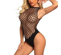 ROSVAJFY Mujer Body de Rejilla Sexy Lencería Una Pieza, Teddy Ropa Interior Transparent Malla Mono Halter Babydoll Ropa Dormir Elástico Monokini Fishnet Bodies, Talla Única (Negro)