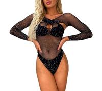 ROSVAJFY Mujer Body Sexy Manga Larga Lencería Rejilla Diamantes Imitación,Bodysuit Malla Transparente,Ropa Interior sin Espalda Leotardo Elegante Top Encaje Elástico Jumpsuit Brillante para Clubwear