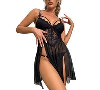 ROSVAJFY Mujer Camisón Sexy Transparente sin Mangas, Picardías Lenceria Encaje Ropa Interior Atractiva Cuello en V, Babydoll Vestido de Dormir Pijama Correas Ajustables (Negro)