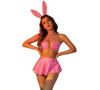 ROSVAJFY Mujer Disfraz de Conejita Sexy Cuero Lencería Coneja Juego Roles, Bunny Girl Costume Wetlook Clubwear Halloween Uniforme de Conejo 4 Piezas, Top + Minifalda + Diadema+ Bragas (Rosa)