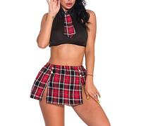 ROSVAJFY Mujer Lencería Cosplay Colegiala Conjunto de Top Corto y Minifalda Schoolgirl Disfraz Sexy Ropa Interior Halloween Atractivo Uniforme de Estudiante a Cuadros (Negro+Rojo)
