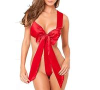 ROSVAJFY Mujer Navidad Lencería Rojo Grande Lazo Sexy Body de Satín Una Pieza Christmas Lingerie Ropa Interior Dormir Regalo San Valentín Bowknot Babydoll Atractiva