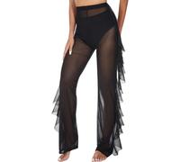 ROSVAJFY Pantalones de mujer sexy con volantes de malla transparente, pantalones de baño de malla de cintura alta, pantalones largos de verano para cubrir el traje de baño Bikini Cover-Up Amplio