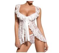 ROSVAJFY Picardias de Encaje Floral Mujer Sexy Babydoll Lenceria con Tanga, Transparente Mini Camisón Ropa Dormir Atractiva Cuello en V Lingerie Vestido para Luna de Miel San Valentín (Blanco)