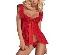 ROSVAJFY Picardias de Encaje Floral Mujer Sexy Babydoll Lenceria con Tanga, Transparente Mini Camisón Ropa Dormir Atractiva Cuello en V Lingerie Vestido para Luna de Miel San Valentín (Rojo)