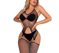 ROSVAJFY Sexy Body de Malla para Mujer Lencería de Red Bodystockings Medias Elástica Bodies Atractivo Jumpsuit con Cuello Halter Ropa Interior Transparente Catsuit Patchwork