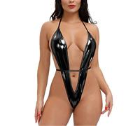 ROSVAJFY Sexy Body en Cuero para Mujer, Lencería Charol Bodysuit Halter con Cuello en V Profundo, Teddy Mini Vestido Clubwear sin Espalda Ropa Interior con Cordones S-XL (Negro)