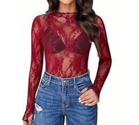 ROSVAJFY Top transparente con encaje manga larga camiseta de manga larga con encaje de malla, borgoña, M