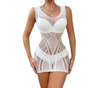ROSVAY Lencería Sexy de Malla para Mujer Bodycon Transparente de Encaje Mini Vestido Ahuecado Ropa de Dormir sin Espalda sin Mangas para Disfraz de Navidad (Negro Rojo Blanco) (Blanco)