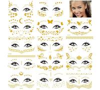 Rosymormor 14 Hojas Tatuajes Temporales Faciales, Tatuajes Falsos Pecas Efímeros Dorados Brillos Pegatinas para Cara Mujeres Niñas Festivales Disfraces Halloween Fiesta Carnaval Maquillaje Navidad