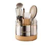 Rotating Makeup Brush Holder - 5,51 pulgadas Clear Acrylic Storage Container | 6-Slot Cosmetic Organizer, Vintage Vanity Organizer for Nail Gel, Perfume, Home, Bedroom, and Desk Use, madera natural