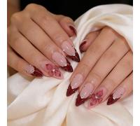 Rote Press-on-Nägel mit French-Tip - mandelförmig, mittellang, mit 3D-Blumen & Kristallsteinen, glänzend & wiederverwendbar (24 Stück)