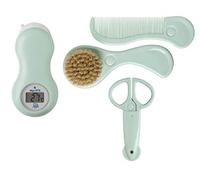 Rotho Babydesign Set de Aseo para Regalo, Peine y Cepillo de cerdas naturales, Tijeras para uñas con tapa protectora, Termómetro digital, Swedish green (Verde), 21059026601