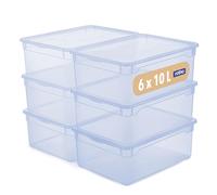 Rotho CLEAR Box - Juego de 6 cajas de almacenamiento de 10 l con tapa, apilables para ahorrar espacio, 36 x 26 x 14 cm, color azul transparente