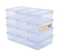 Rotho CLEAR Box - Juego de 12 cajas de almacenaje (5 L, con tapa, apilables, ahorro de espacio, 33 x 19 x 11 cm), color azul transparente