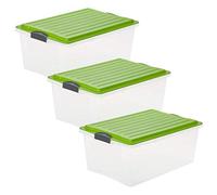 Rotho Compact - Juego de 3 Cajas de Almacenamiento 38 L con Tapa, Plástico (PP) sin BPA, Transparente/Verde, 3 x A3/38 L (57.0 x 40.0 x 25.0 cm)