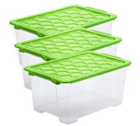 Rotho Evo Safe Keeping Juego de 3 cajas de almacenamiento 44l con tapa, plástico alimentario (PP) sin BPA, verde/transparente, 3 x 44l (59.0 x 39.5 x 28.0 cm)