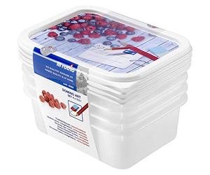 Rotho Juego de 4 tarros para congelador Domino de 0,5 l con motivos para escribir en la tapa, de plástico (PP) sin BPA, blancos, 4 x 0,5 l (15,7 x 11,8 x 5,5 cm)