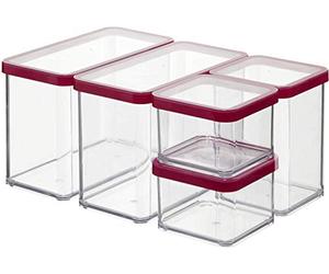 Rotho Loft - Juego de 5 Cajas de Almacenamiento con Tapa de Diferentes Tamaños, Plástico (SAN) Libre de BPA, Transparente/Rojo, 2 x 2.1 L, 1 x 1.0 L, 2 x 0.5 L (30.0 x 21.0 x 15.0 cm)