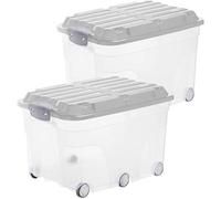 Rotho Roller 6 Juego de 2 cajas de almacenamiento de 57l con tapa y ruedas, Plástico (PP) sin BPA, transparente/gris, 2 x 57l (60.0 x 40.0 x 37.0 cm)