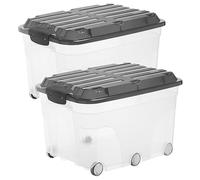 Rotho Roller 6 Juego de 2 cajas de almacenamiento de 57l con tapa y ruedas, Plástico (PP) sin BPA, transparente/negro, 2 x 57l (60.0 x 40.0 x 37.0 cm)